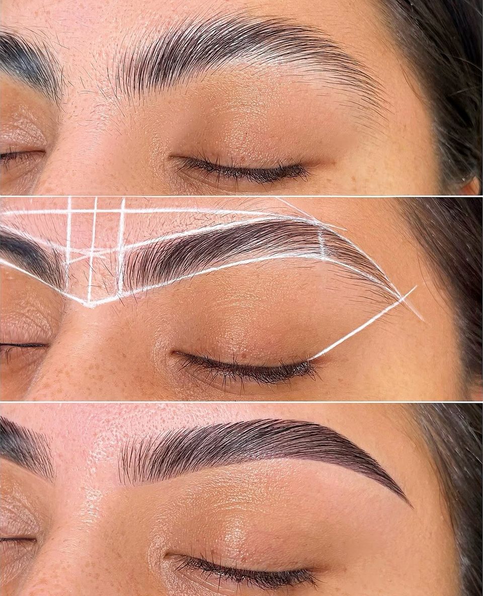 Brow mapping: the brows before, the measured guide lines, and the finished shape