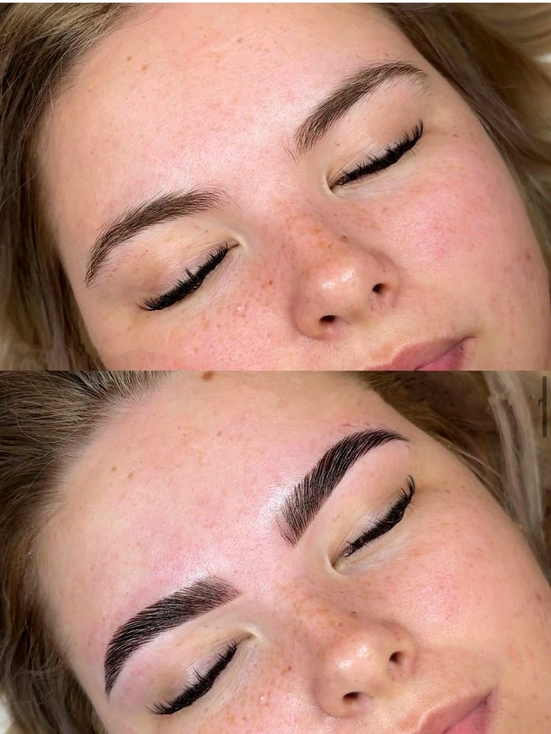 Light, sparse brows before (top) and after tinting and shaping (bottom)
