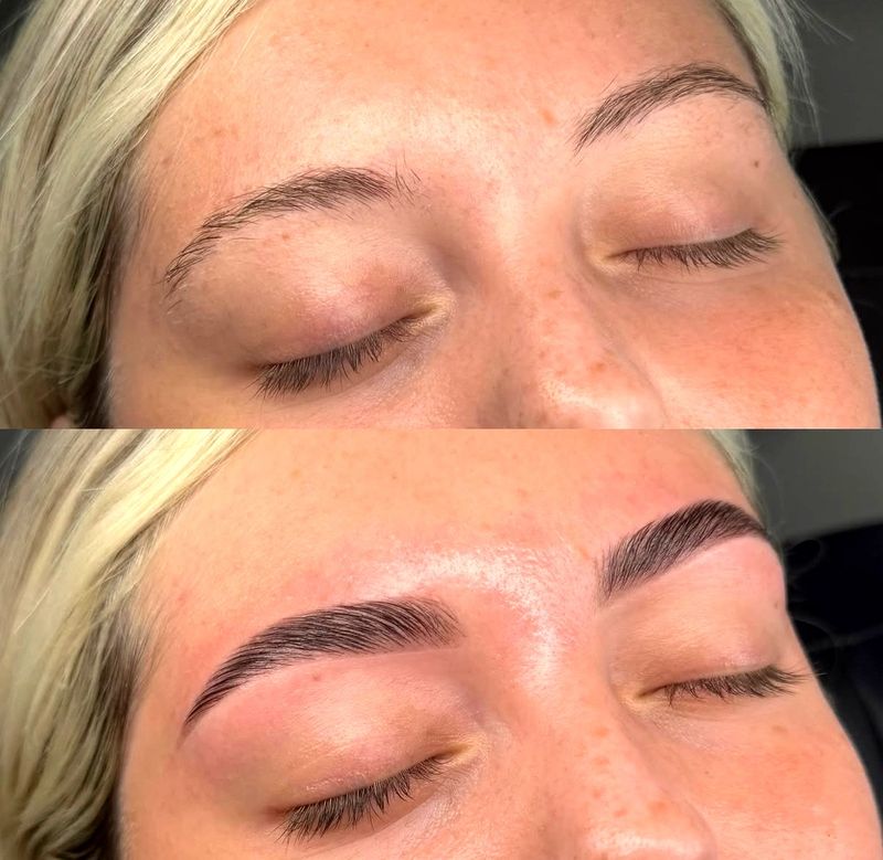 Fair brows before (top) and after tinting and shaping (bottom), eyes closed