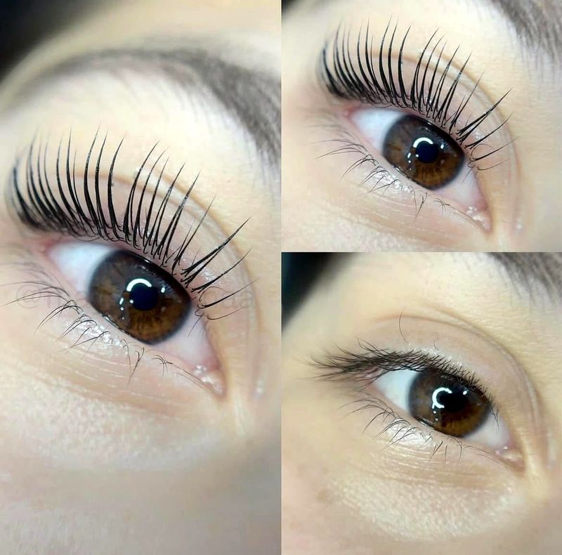 Lash lift: four close-ups of lifted, curled natural lashes