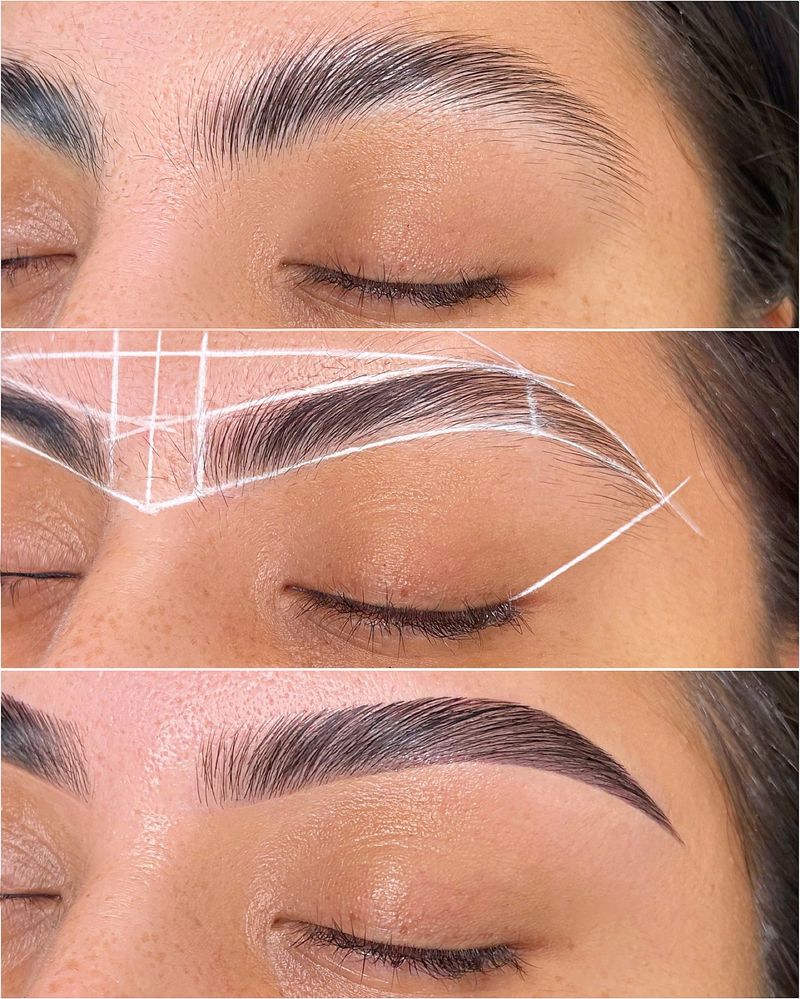 Brow lamination by a Shella Beauty Academy student: before, mapped, and after